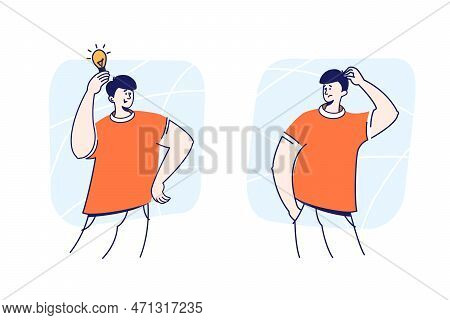 Pensive Confused Man Doubting, Puzzeled Man Thinking And Scratching His Head And Happy Man With An I