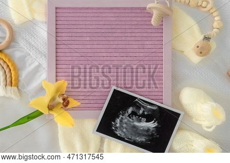 Mockup Of Social Media Baby Announcement. Pregnancy Announcement Background With Blurred . Selective