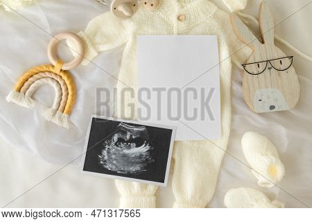 Mockup Of Social Media Baby Announcement. Pregnancy Announcement Background With Blurred . Selective