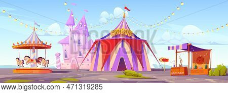 Cartoon Amusement Park. Vector Illustration Of Circus Tent, Pink Fantasy Castle, Carousel With Toy H