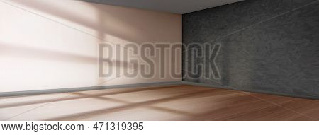 3d Empty Realistic Room Corner Render With Gray Wall And Wooden Floor In Vector. Gobo Effect Sunligh