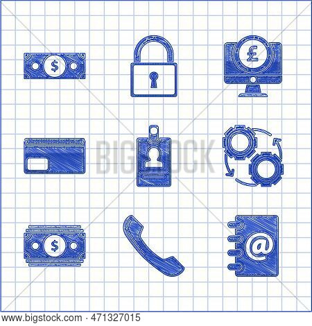 Set Identification Badge, Telephone Handset, Address Book, Gear Arrows As Workflow Process Concept, 