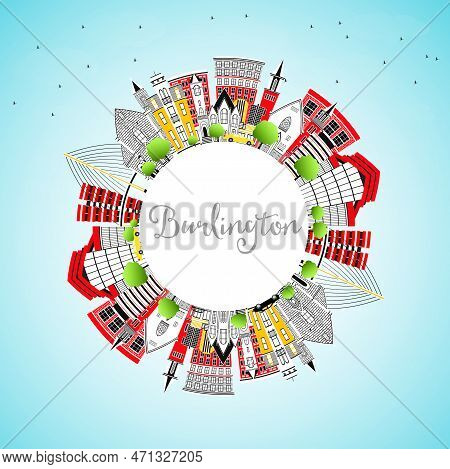 Burlington Iowa City Skyline With Color Buildings, Blue Sky And Copy Space. Vector Illustration. Bus