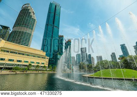 Kuala Lumpur, Malaysia - January 2023: The Petronas Twin Towers Feature Impressive Fountains, Used F