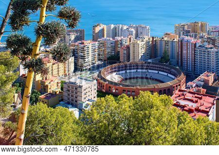 Málaga City View, Andalusia, Spain - City Panorama With Traditional Spanish Bullring.