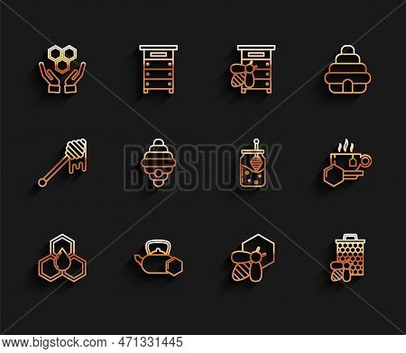 Set Line Honeycomb, Tea Kettle With Honey, And Hands, Bee Honeycomb, Hive For Bees, Cup Of Tea And J