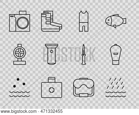 Set Line Cold And Waves, Rain, Wetsuit For Scuba Diving, First Aid Kit, Photo Camera Diver, Flashlig