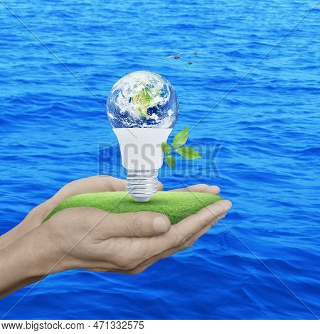 Earth Globe Inside Led Light Bulb With Fresh Green Tree Leaves On Grass In Hands Over Blue Sea With 