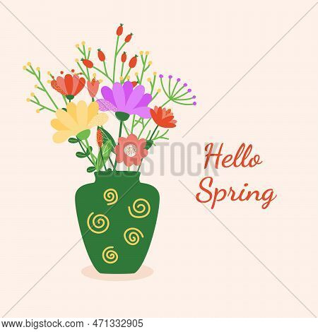 A Postcard With A Bouquet Of Flowers In A Large Vase With The Inscription Hello Spring. Vector Illus