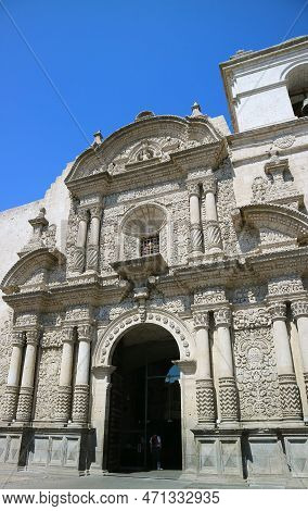 Incredible Facade Of The Church Of The Society Of Jesus Or Iglesia De La Compania In Arequipa, Peru,
