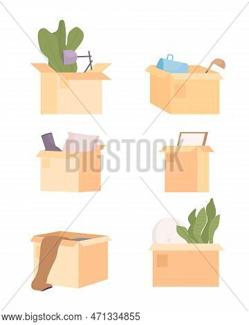 Open Packing Boxes With Belongings Semi Flat Color Vector Objects Bundle