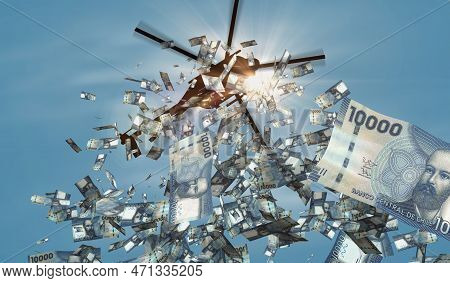 Chile Pesos Banknotes Helicopter Money Dropping. Chilean 10000 Clp Notes Abstract 3d Concept Of Infl