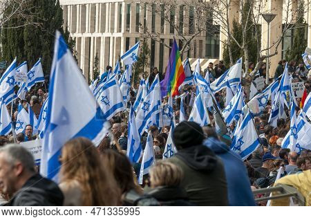 Jerusalem, Israel. February 13, 2023. Israeli People With Flags Protesting Against The Judicial Refo