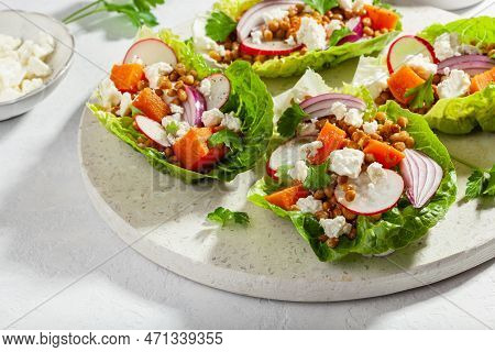 Healthy Sweet Potato Lettuce Boats With Radish, Feta Cheese, Lentils