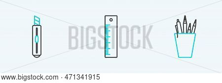 Set Line Pencil Case Stationery, Stationery Knife And Ruler Icon. Vector