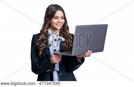 Smiling Teen School Girl Estudy Isolated On White. Teen School Girl Estudy In Studio.