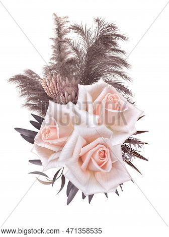 Beige Golden Flower Arrangement, Retro Bouquet Of Peach Roses, Exotic Plants, Leaves, Flowers, Dry B