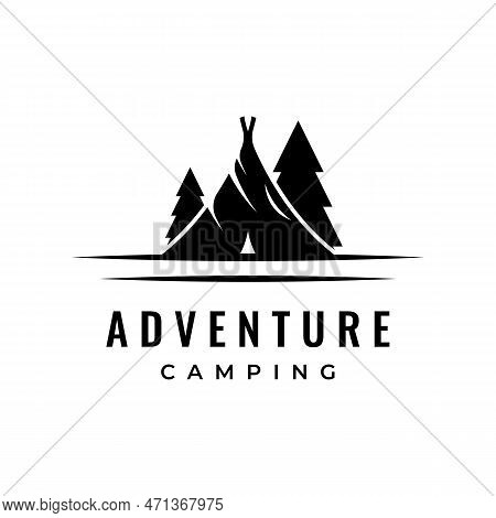 Vintage And Retro Outdoor Camping Or Camping Tent Template Logo.with Tent, Trees And Campfire Sign.c