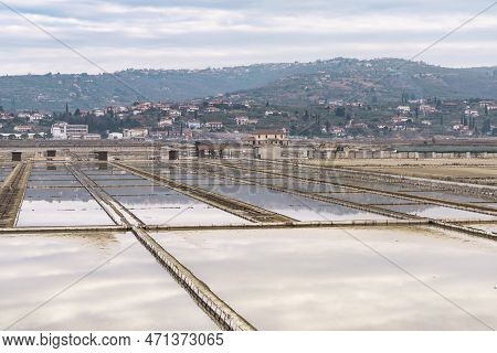 Winter Panoramic View Of Marine Pools In Secovlje Salt Pan, Slovenia