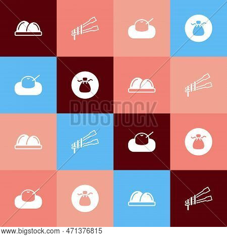 Set Pop Art Sushi, Food Chopsticks With Noodles, Mochi And Wonton Icon. Vector