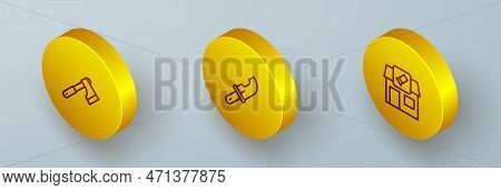 Set Isometric Line Wooden Axe, Hunter Knife And Hunting Shop Icon. Vector