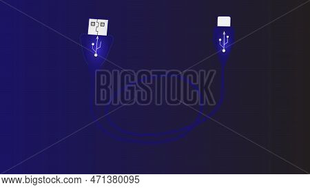 Usb Charger Cable Isolated Blue Color On Cyan And Gray Color Illustration Background.