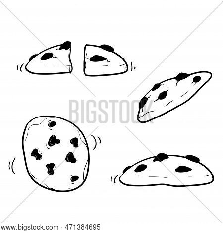 Raditional Chocolate Chip Cookies. Bitten, Broken, Cookie Crumbs With Handdrawn Doodle Style Vector