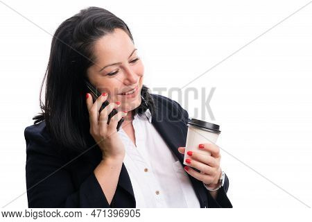 Adult Businesswoman In Office Clothing Smiling Making Phonecall Holding Take Away Cup Of Coffee Isol