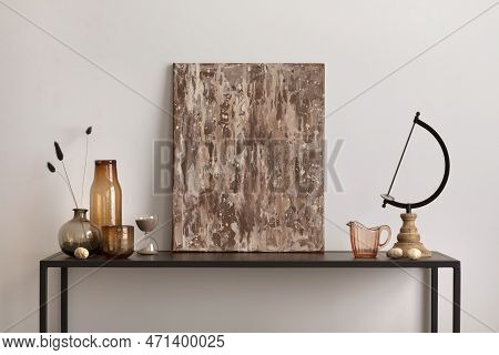 Warm And Cozy Interior Of Kitchen Space With Mock Up Poster, Consola, Beige Wall, Glass Vase With Dr