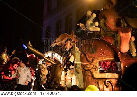 Aalst, Belgium, 19 February 2023: Brightly Illuminated Carnival Participant During Aalst Mardi Gras 