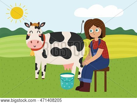 On The Farm Poster With Cute Girl Milking A Cow. Green Meadow With Farm Characters