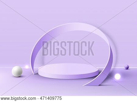 3d Realistic Purple Cylinder Podium Stand With Purple Circle Whirl Decoration Light Bulb And Sphere 