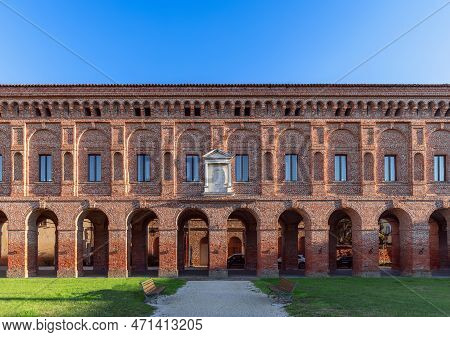 Beautiful Red Brick Facade With Columns And Arches Of Galleria Degli Antichi In Sabbioneta City. Lom