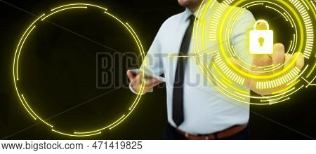Man In Office Shirt Satnding And Holding Mobile Phone. Businessman Pressing Virtual Button With His 