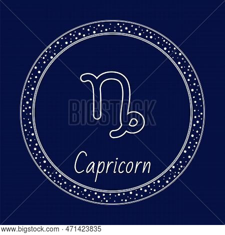 Capricorn Astrology Zodiac Sign Isolated On Blue In Circle With Stars. Vector Astrological Outline S
