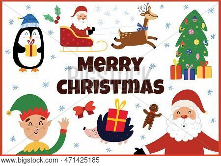 Merry Christmas Banner With Cute Characters. Winter Season Background