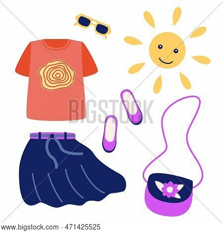 A Set Of Clothes And Shoes - Skirt, T-shirt, Shoes, Glasses, Handbag. Sun. Vector Illustration Of St