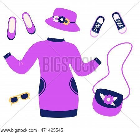 A Set Of Clothes And Shoes - Dress, Sneakers, Shoes, Glasses, Handbag, Panama Hat. Vector Illustrati