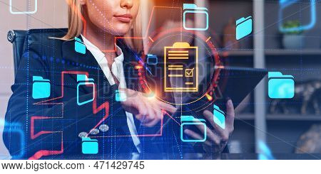 Businesswoman Using Tablet In Hand, Double Exposure With Online Database And Business Files Storage.