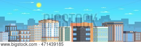 Highway On The Background Of The City. The Sky Is Sunny, An Airplane Is Flying Among The Clouds.