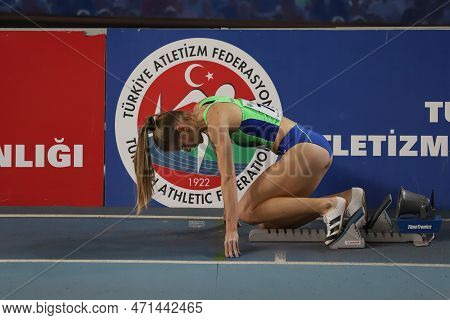 Istanbul, Turkey - March 05, 2022: Anita Horvat Running During Balkan Athletics Indoor Championships