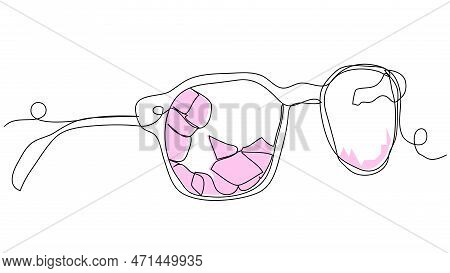 Broken Pink Glasses In One Line On A White Background. The Concept Of Broken Hope, Naivety, Real Lif