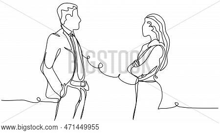 Communicating Employees At Work In One Line On A White Background. The Concept Of A Working Dialogue
