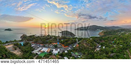 aerial panorama photography colorful sky in twilight above Promthep cape viewpoint . Promthep cape