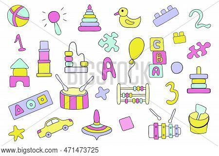 Vector Set Of Children's Educational Toys In The Doodle Style.