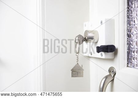 Closeup Door Lock Keys, Real Estate Concept Door Handle, Key Insert Locking And Savety With Copy Spa