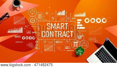 Smart Contract Theme With A Laptop Computer On A Orange Pattern Background
