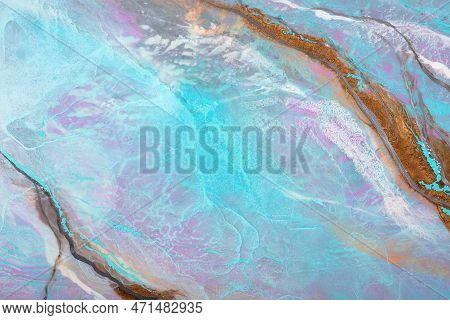 Abstract Fluid Art Background Bluem Beige Colors. Liquid Marble. Acrylic Painting On Canvas With Lil