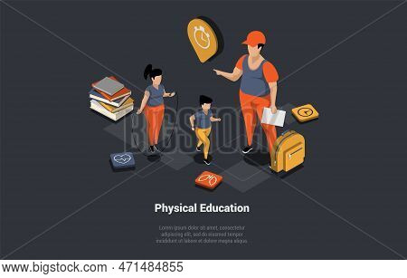 Concept Of Physical Education. Two Children With Skipping Rope Making Different Exercises. Physical 