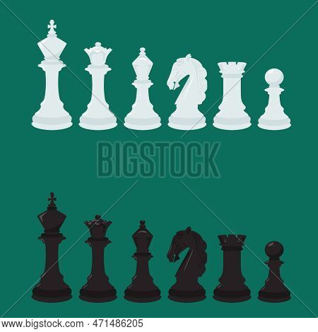Set Of White And Black Chess On Green Background.chess Icons.flat Illustration Of Chess